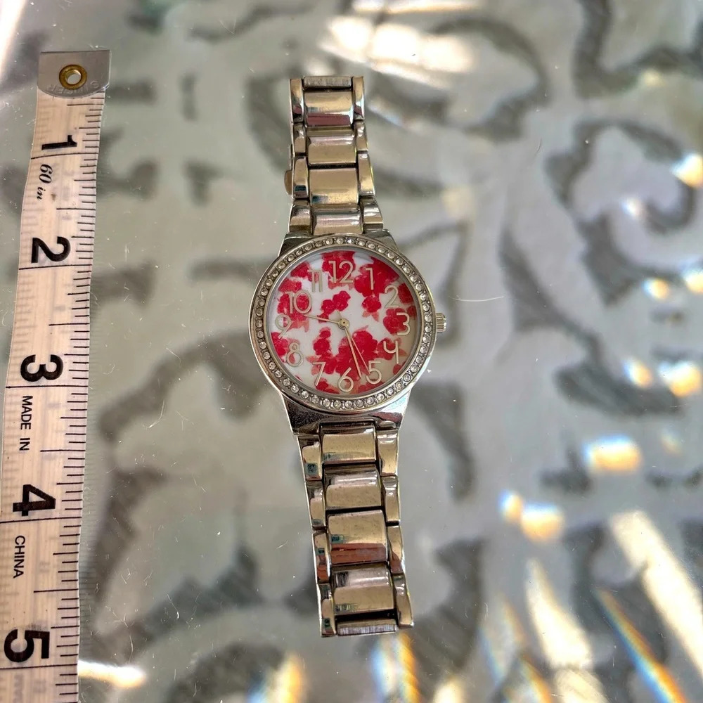 Silver red flower face watch